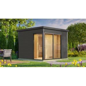 Sauna design moderne 412 gris graphite avec porte coulissante en verre et poêle de sauna.
