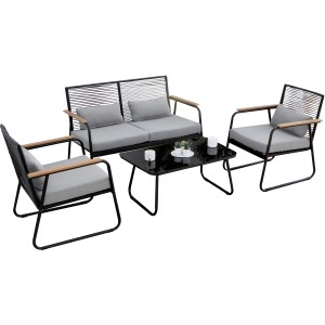 Acamp Set lounge Paxos nero-teak: set di mobili da giardino con divano, poltrone e tavolo con piano in vetro.