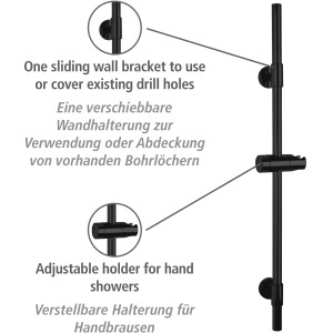 Barre de douche noire Wenko Basic en acier inoxydable avec support de douche réglable et support mural coulissant.
