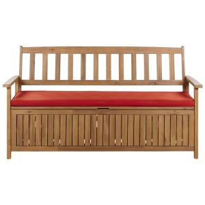 Banc de jardin Beliani Sovana en acacia avec coussin rouge et espace de rangement.