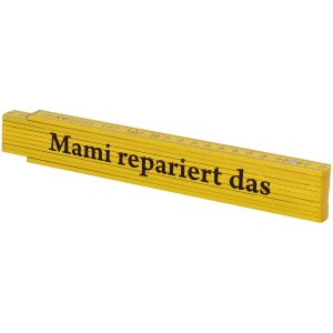 Gelber Gliedermassstab (2 m) mit Aufschrift, ein Prüf- und Messwerkzeug.