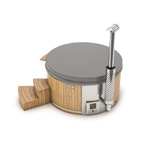 Finntherm Hot Tub Stockholm, bain nordique en bois crème avec escalier, four et couvercle.