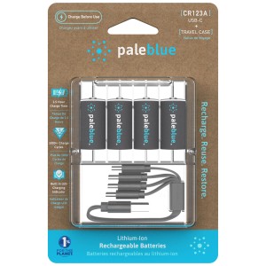 Pale Blue CR123A batterie ricaricabili, confezione da 4 con ricarica USB-C, ioni di litio.