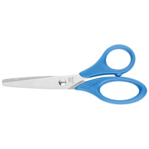 Kinderschere Schnippy, 13 cm, mit blauen Griffen und stumpfen, runden Spitzen für sicheres Schneiden.