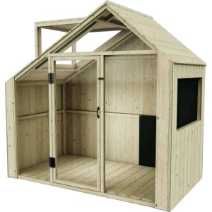 Maisonnette PolarPlay Sternschnuppe en bois naturel, 182x101x171 cm. Cabane pour enfants avec fenêtre et porte.