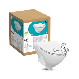 Set WC sospeso baliv Mansfield, scarico profondo, senza brida, bianco, con imballaggio e cartone animato.