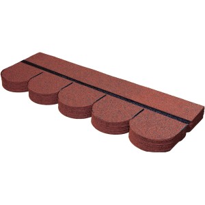 Gros plan sur un bardeau bitumé rouge en queue de castor, adapté aux toitures.
