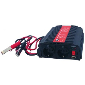 Inverter di tensione nero 12-230V/600W con morsetti batteria e 2 prese per auto elettrica.