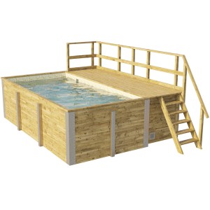 Piscine en bois Weka avec terrasse, local technique et film mosaïque. Idéal pour se rafraîchir dans le jardin.