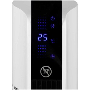 Dettaglio: Termoventilatore verticale Emerio bianco con display digitale e pannello touch.