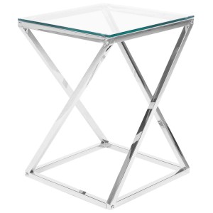 Élégante table d'appoint Beverly avec plateau en verre et structure en métal argenté.