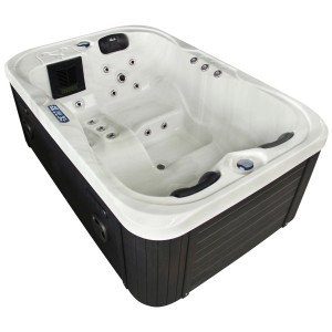 Spa extérieur Sonnenkönig Basilan blanc, vue détaillée. Bain à remous fixe avec jets de massage et commandes.