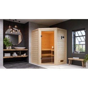 Sauna Woodfeeling Antonia con porta in vetro e stufa bio in bagno moderno.