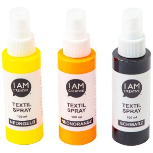 Set spray per tessuti I Am Creative, 3 pezzi: giallo neon, arancio neon, nero. Colori acrilici per tessuto.