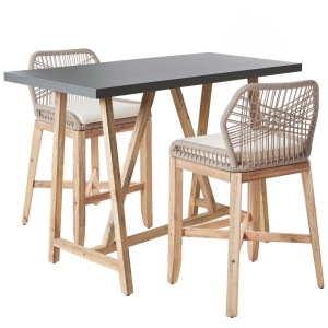 Set bistro Beliani Talamone in legno acacia con tavolo, 2 sedie e cuscini.