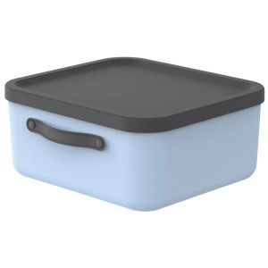 Rotho Mythen Aufbewahrungsbox 20 l in Soft Blau mit dunkelgrauem Deckel und Tragegriff aus Kunststoff.