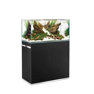 Oase ScaperLine 90 aquarium, 180 l, avec meuble noir et décoration aquascape.