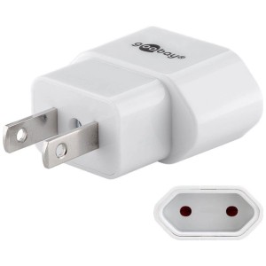 Adaptateur de voyage blanc 2 pôles Euro/USA, prise intermédiaire.