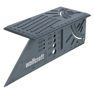 Wolfcraft équerre à onglet 3D, rapporteur gris avec échelles et gabarit de perçage pour des mesures précises.