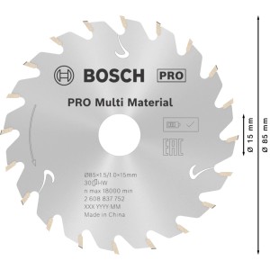 Lama sega circolare Bosch Standard for Multi Material, argento, Ø 85 mm, per seghe a batteria. Denti in carburo per tagli precisi.