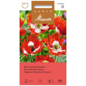 Confezione di semi di fiori: Papavero bandiera svizzera con fiori rossi e segni bianchi.