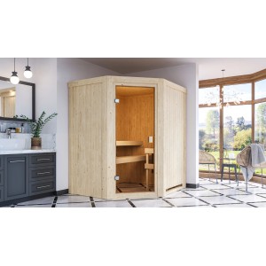 Sauna Karibu Faurin con ingresso ad angolo e porta in vetro bronzato effetto legno chiaro.