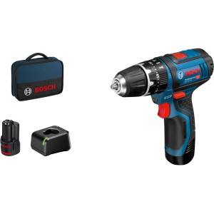 Visseuse à percussion sans fil Bosch Professional GSB 12 V-15 avec 2 batteries, chargeur et sacoche.