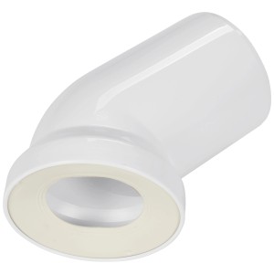 Raccord de WC coudé à 45° blanc en plastique pour le raccordement à la canalisation d'évacuation.