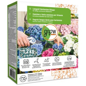GROW by OBI engrais longue durée pour hortensias, 1,2 kg. Emballage d'engrais avec hortensias et sécateur.