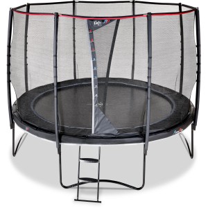 Trampolino nero EXIT PeakPro Ø 305 cm con rete di sicurezza e scaletta per il giardino.