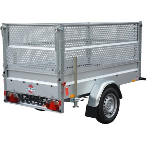 Remorque Stema Basic 1000 avec rehausse grillagée et béquilles, freinée, pour voiture. Vue arrière.