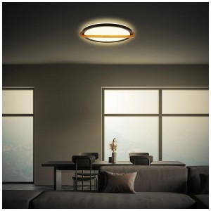 Plafonnier LED moderne avec décor bois et bord noir, 18W, pour espaces de vie.