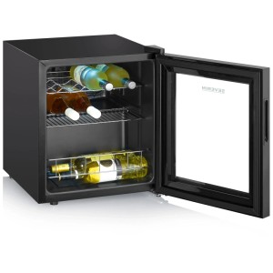 Frigorifero per vini Severin WKS 8907, frigo bevande nero con porta in vetro e bottiglie.