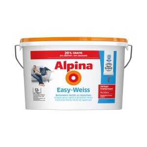 Seau de peinture murale Alpina Easy-Weiss, 12 litres, peinture blanche d'intérieur.