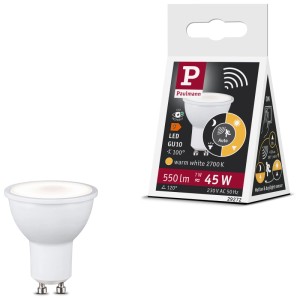 Paulmann LED-Reflektor GU10 mit Sensor, mattweiss, 550 lm, 7 W. Verpackung zeigt Funktionen.