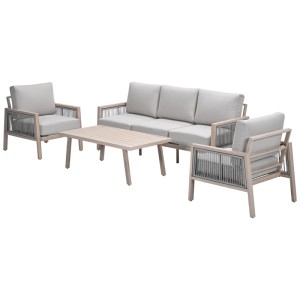 Ensemble lounge 4 pièces Garden Impressions Decala : canapé, fauteuils et table en gris teck avec coussins taupe clair.