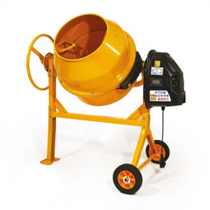 Gelbe Remco Betonmischmaschine CMHO160 mit 160 l Trommel, robustem Stahlgestell und Rädern für Baustellen.