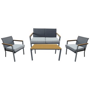 Set lounge Acamp Chania 4 pezzi, antracite con tavolo effetto legno e cuscini grigi.