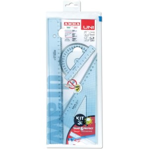Set de dessin Uni en plastique transparent 3 pièces : Règle, équerre et rapporteur pour bureau et école.