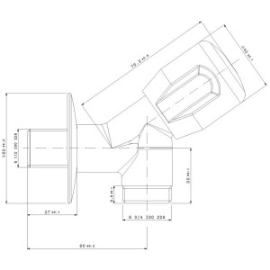 Dessin technique : Robinet de machine à laver en laiton chromé, 1/2 pouce, poignée bleue, dimensions