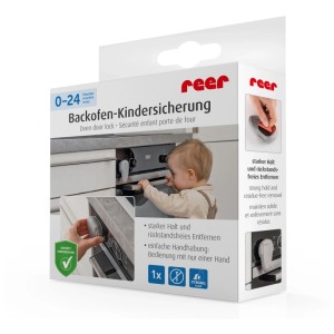 Reer Backofensicherung in Grau, Verpackung mit Anwendungsbeispiel.