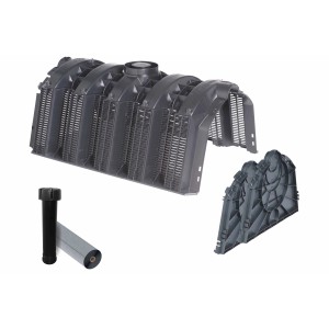 Kit de tunnel d'infiltration Garantia 1200 l, carrossable, avec accessoires tels que plaques d'extrémité et géotextile.
