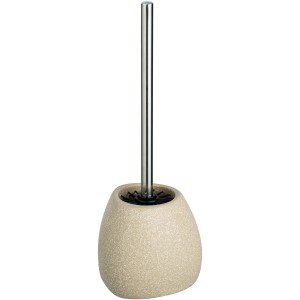Ensemble brosse WC Wenko Pion en céramique beige avec brosse en silicone et manche en acier inoxydable.