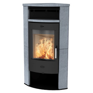 Poêle Fireplace Malta, 6 kW, stéatite, noir. Poêle à combustion intermittente avec vitre et bois qui brûle.