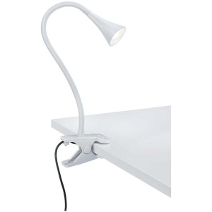 Lampada a pinza LED Viper bianca con collo flessibile e 400 lumen, fissata a un piano del tavolo.