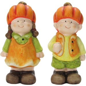 Figure decorative autunnali, colorate, assortite in 2 modi, alte 12 cm. Figure in ceramica con cappelli a zucca per decorazioni autunnali.