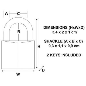 Skizze: Master Lock Vorhängeschloss Messing, 20mm breit, mit Maßangaben zu Bügel und Gehäuse.
