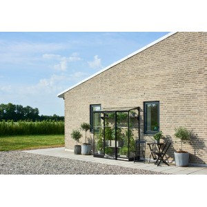 Serre noire Halls Qube Lean-to 26 avec plantes adossée à la maison.