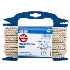 Corde multi-usage en sisal naturel enroulée, diamètre 6 mm, longueur 20 m.