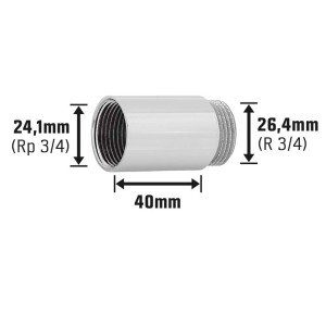 Prolunga per rubinetto in ottone cromato, 40 mm, con filettatura 24,1 mm e 26,4 mm.